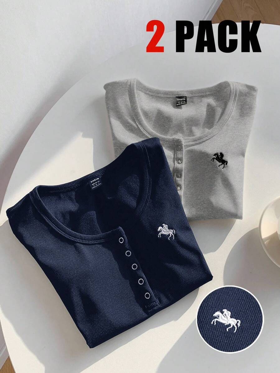 Comfortcana 2pcs Indigo Blue & Gray Solid Henley Collar Embroidered Slim Fit Short Sleeve T-Shirts Henley Tops Tops Sets - Multicolor - View 1