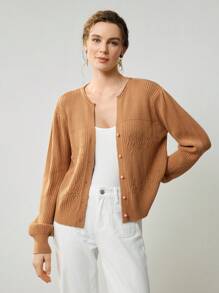 Uhlyne Women Casual Viscose Knit Solid Round Neck Commuter Elegant Cardigan For Summer & Autumn,Minimalist,Business Casual,Holiday Outfits,Work Wear,Teacher Outfits,Back To School,Fall,Old Money Style - Khaki - View 3