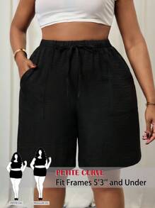 SHEIN PETITE CURVE Plus Size Women's Black Drawstring Waist Pockets Casual Country Linen Shorts Summer Shorts For Women Spring Outfits For Women Vacation Outfits Woman