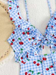 Swim Mod Summer Vacation Sexy Random Print Ruffled Hollow Backless One-Piece Swimsuit For Women