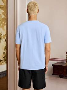 SWAVVY Men Cartoon Bear Print Crewneck Short Sleeve T-Shirt And Drawstring Knitted Shorts Set, Suitable For Summer - Blue - View 2