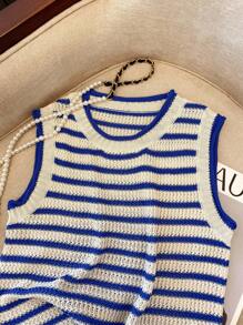 SHEIN PETITE Ladies' New Spring/Summer Retro Contrasting Striped Knitted Vest With A Niche Design, Short Sleeveless, Elegant And Comfortable Temperament, Versatile For Outdoor Dating, College Commuting, Sweater, Vest