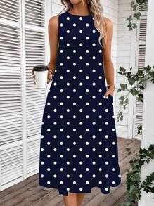 SHEIN LUNE Đầm nữ chấm bi dáng lửng, cổ tròn, thích hợp cho mùa xuân và hè, kiểu dáng thanh lịch, thích hợp đi chơi. - Nhiều màu - Xem 4