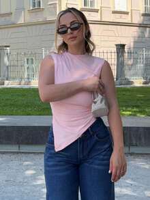 Jeta Ari Women's Casual Solid Color Asymmetric Hem Ruched Camisole Top, Spring/Summer - Coral Pink - View 6