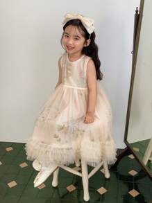 Dazy Kids 少女夏季花卉印花无袖连衣裙和网眼罩衫套装 - 杏色 - 查看 9