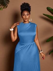 Maweii 加大码缎面无袖褶皱优雅派对连衣裙 - 藍色 - 查看 3