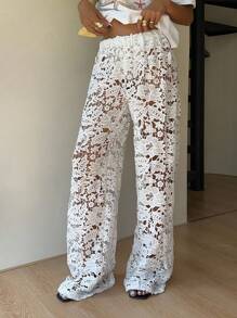 SHEIN EZwear Women's Elastic Waist Floral Lace Pants, Loose Casual Trouser