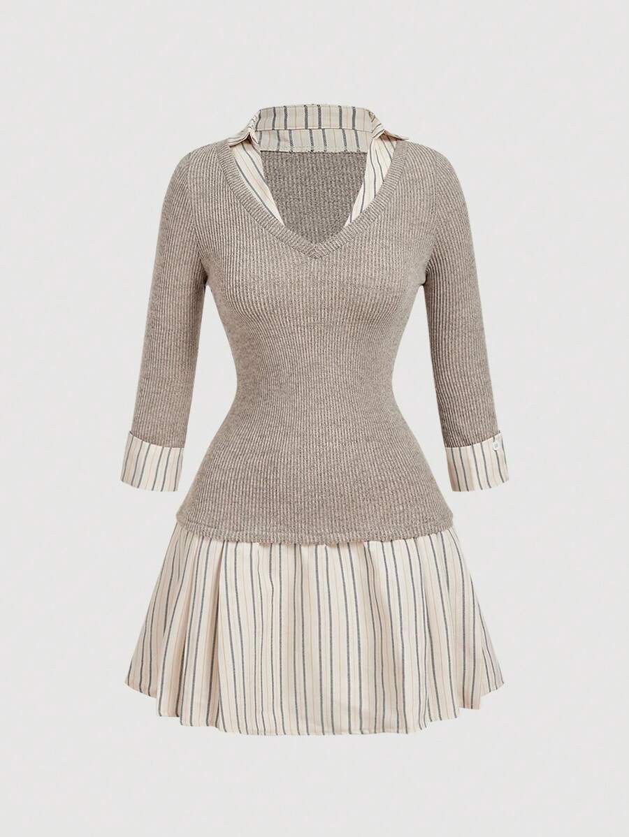 SHEIN MOD Sukienka koszulowa damska w paski w kolorze szarym i beżowym z krótkim rękawem (2 w 1) - Jasnoszary - Zobacz 1