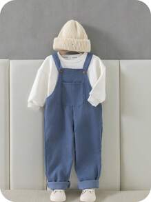 SHEIN Young Boys' Blue Patch Pocket Jumpsuit Pants With Adjustable Straps For Casual Wear