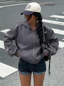 Muchica 女士休闲宽松日常街头风格秋冬拉链连帽卫衣 - 深灰色 - 查看 5