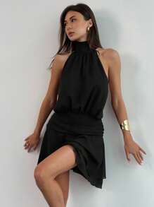 Aloruh Nuevo vestido mini dulce con diseño de lazo en espalda abierta, cuello halter y volante en el bajo, sin mangas y resistente a las arrugas, para primavera/verano - Negro - Ver 6