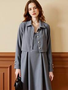 少女休闲日常前扣夹克和吊带背心连衣裙两件套