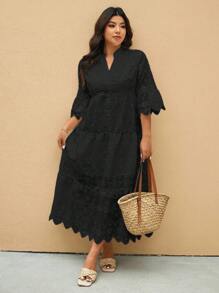 Elaquor Plus Size Solid Color Hollow Out Embroidery Casual Vacation Dress - Black - View 1
