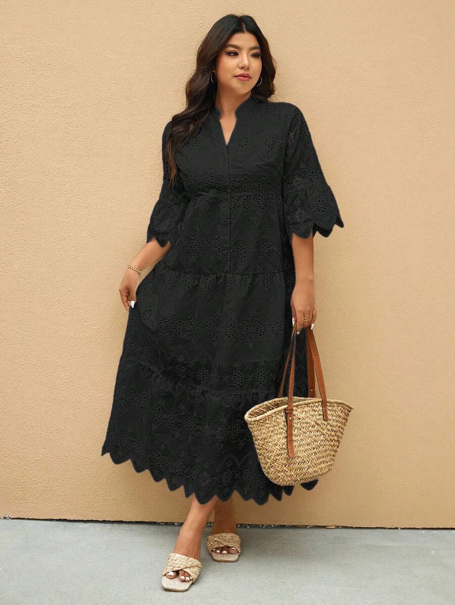 Elaquor Plus Size Solid Color Hollow Out Embroidery Casual Vacation Dress - Black - View 1