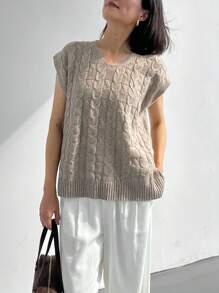 EMERY ROSE Chaleco de punto de cable de unicolor con cuello en V para mujer