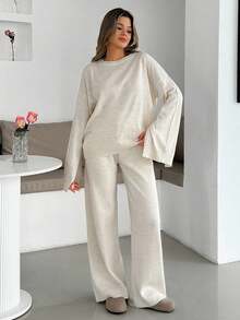 EURMUSE Women Sleeve Split Sweater And Pant Knit Set,Petite Co Ord,Co Ord,Petite,Winter Clothes - Beige - View 3
