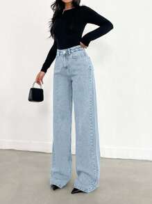 EURMUSE HIGH WAIST WIDE LEG LONG HEM BLUE JEAN - 716 GR - Baby Blue - View 3