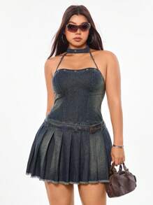 SHEIN ICON 大码女式性感露背牛仔连衣裙 - 藍色 - 查看 1