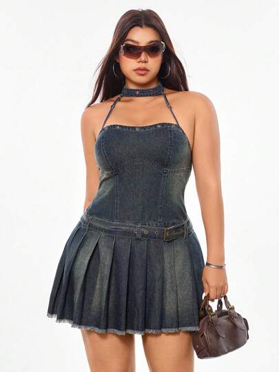 SHEIN ICON 大码女式性感露背牛仔连衣裙