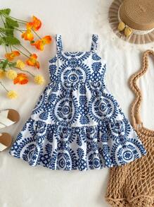 SHEIN Young Girl Adorable Floral Print Ruffle Hem Vacation Dress, Summer Blue And White Dress Girls Blue White Dresses Tween Girls Sundress Girls Summer Dress Sleeveless Aline Dress Girls