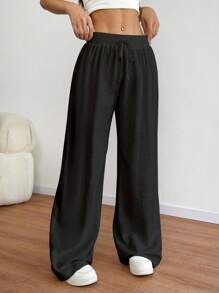 SHEIN PETITE Pantalones rectos de pierna ancha con cintura con cordón de aspecto de lino para vacaciones de primavera y verano para mujeres de estatura baja - Negro - Ver 5