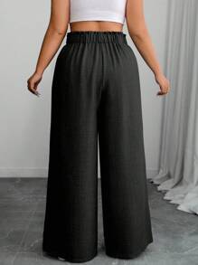 SHEIN PETITE Pantaloni larghi e morbidi da donna, in tinta unita, con tasche e nodo decorativo, taglie comode - nero - Visualizzare 2