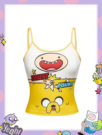 Adventure Time X ROMWE Back To School Women's Summer Cute Cartoon & Letter Graphic Fitted Ringer Cami Top