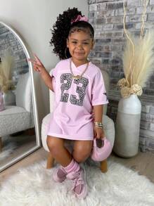 Tween Girl New Spring And Summer Casual Street V-Neck Off-Shoulder Short-Sleeved 23 Slogan Logo Eagle Pattern Apricot Bottom Green Stripe All-Over Printing Loose Knitted Fabric Mini Dress,Dresses - Pink - View 5