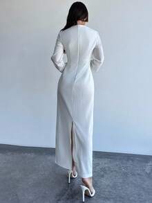 Firerie 女士简约优雅休闲/工作装白色 V 领长袖修身连衣裙，适合秋季、复古风格、正式场合 - 白色 - 查看 5