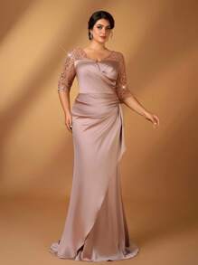 Serin Đầm suông dáng rộng mùa thu đông thanh lịch lãng mạn tuyệt đẹp màu sâm panh cắt hạt satin cổ chữ V tay áo ba phần tư xếp ly cắt đuôi cá nhỏ bất đối xứng miếng vá lá sen thích hợp cho bữa tối hẹn hò đơn lẻ tiệc ngày lễ khiêu vũ lễ hội âm nhạc sự kiện đám cưới cô dâu váy mẹ váy khách mời đám cưới phụ nữ - Rượu sâm banh - Xem 6