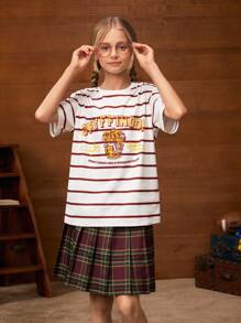HARRY POTTER X SHEIN 青少年女孩复古运动学院休闲风格白色格兰芬多徽章条纹图案宽松 T 恤，适合夏季、学校和户外活动 - 白色 - 查看 1