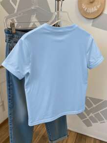 SHEIN Áo thun nữ cổ tròn tay ngắn dáng ôm vừa vặn có thiết kế nơ ren đính cườm nhiều màu - Màu xanh nhạt - Xem 2