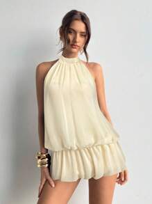 Aloruh Women Solid Open Back Tie Halter Neck Ruffle Hem Mini Dress - Apricot - View 3