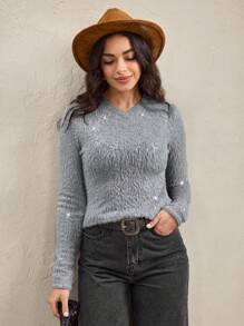 Wildy Women's Gray Autumn Casual Elegant Occasion Glitter Fuzzy Sweaters,Old Money Style Sequin Decor Fluffy Fitted T-Shirt Business Office Wear Fall Top - Grey - View 3