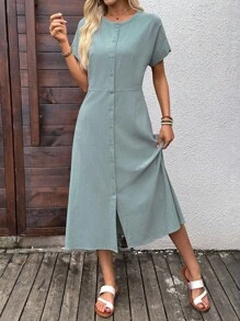 EMERY ROSE Vestido largo casual de mujer de un solo pecho de manga corta y cuello redondo de unicolor para otoño, ropa de mujer de otoño, vestidos de otoño para mujer, atuendos de otoño para mujer, ropa de otoño e invierno para mujer, atuendos de otoño para maestras, blusas para salir de mujer, ropa casual de negocios para mujer, atuendos casuales de negocios para mujer, atuendos casuales de negocios para mujer, atuendos de campo para mujer, ropa básica de dinero antiguo para maestras, blusas para salir de mujer, ropa de otoño para mujer de vuelta a la escuela - Verde Oscuro - Ver 9