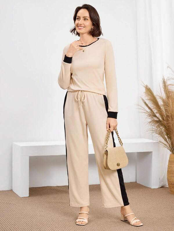 Miaspire 2pcs/Set Women Casual Contrast Color Stitching Long Sleeve Top And Pants Set
Women's Two Piece Suit Fall Women Clothes