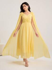 Modelyn 女士奢华淡黄色裹身裙，褶饰修身V领连衣裙 - Butter Yellow - 查看 1