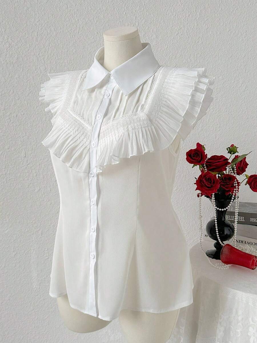 SHEIN Clasi Plus Size Summer Casual Solid Color Ruffle Front Button Up Shirt - White - View 1