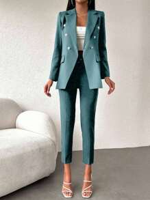 EURMUSE Women's Solid Color Double-Breasted Long Sleeve Jacket And Pants Suit Set - Mint Green - View 6