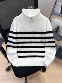 SHEIN 儿童/青少年男童休闲翻领半拉链长袖针织毛衣 - 白色 - 查看 4