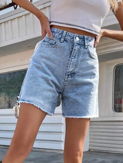 Solid Raw Hem Denim Shorts, Mom Shorts