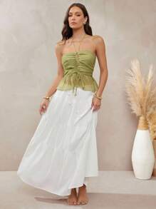 L'Amorae Women's Strapless Top With Peplum Smocked Back Detail Summer Cut Out Wedding Guest Vacation Boho - Green - View 3