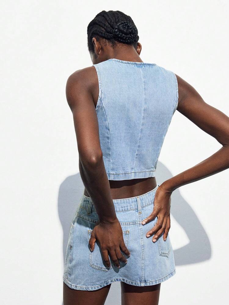 SHEIN Maija Women's Light Blue Denim Top Retro Beaded Sleeveless Vest Jacket Autumn Western Cowboy 2000s Style Fall