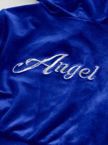 SHEIN 时尚可爱丝绒长袖连帽外套和松紧腰裤两件套女婴运动服休闲套装，蓝色丝绒运动服秋冬款 - 藏蓝色 - 查看 5