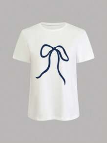 Jouncy 女士夏季休闲蝴蝶结印花T恤和条纹短裤两件套 - 彩色 - 查看 3