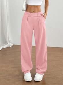 SHEIN Unity Women Casual Solid Color Loose Pants, Suitable For Daily Commute Fall Cloth For Women - Pink - View 5