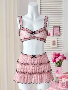 Polka Dot Ruffle Cute Sweet Girl Bra + Pleated Mini Skirt Sexy Lingerie Set For Women - Pink - View 4