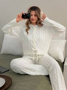 EURMUSE Damski jednolity kolor, dzianinowy wzór, sznurowany sweter z kapturem i spodnie