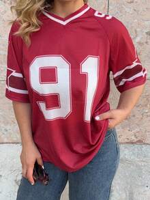 Jeta Ari Women's Numeric Print Short Sleeve Mesh Colorblock Loose Fit Sports T-Shirt, Spring/Summer Graphic Tees Women Tops - Red - View 3