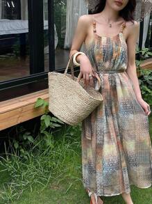 DAZY Women's V-Neck Floral Print Mid-Calf Belted Summer Vacation Dress Maxi Dress Cruise Outfit For Women Boho - Apricot - View 8